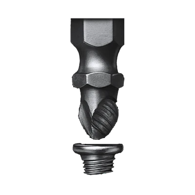 Close-up of the SpeedOut drilling end, its fluted tip lined up over the head of a stripped screw
